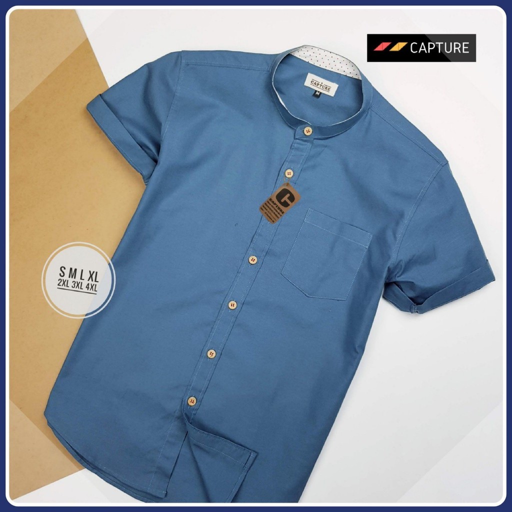 เสื้อเชิ้ตแขนสั้น คอจีน ผ้า Oxford สีเทาอากาศ มีไซส์ถึง 4XL