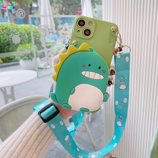 เคสโทรศัพท์มือถือ แบบนิ่ม ลายไดโนเสาร์ มีซิป พร้อมสายคล้อง สําหรับ IPHONE 14 13 Pro MAX 5 5S 5SE 6 6S 7 8 PLUS XS MAX XR 11 12 MINI