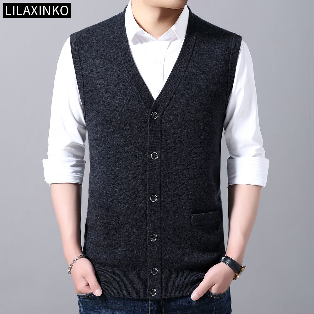 4สีผู้ชายเสื้อกั๊กแขนกุดเสื้อขนสัตว์ถักโวลต์คอธรรมดาพื้นฐานกระเป๋ากระดุมด้านบนสบายๆคลาสสิกฤดูใบไม้ร่วงฤดูหนาวเสื้อผ้าแฟชั่นใหม่ - รูปที่ 2