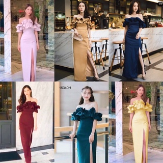 15340 Dress แม็กซี่เดรสเดรสปาดไหล่ระบายผ่าแหวก Off the shoulder maxi dress with split slits