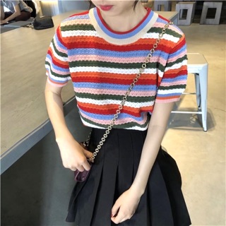 🍑พร้อมส่ง เสื้อคอกลมลายทางตัดหลายสี