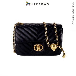 Likebag กระเป๋าสะพายไหล่ หนัง PU ขนาดเล็ก แต่งสายโซ่คล้อง สีทอง สําหรับผู้หญิง