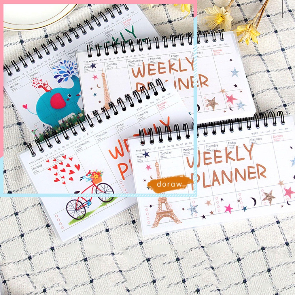 DORAW Notebook Weekly Planer หนังสือตารางแบบพกพาการ์ตูนแบบพกพา Coil Up-turning Diary นักเรียนฉีกขาดไ