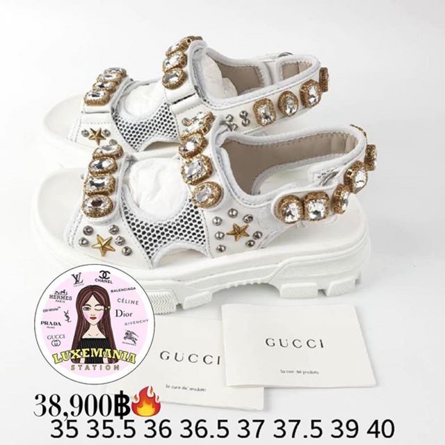 gucci leather and mesh sandal with crystals