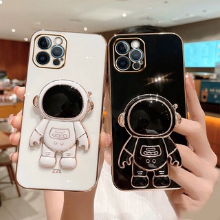 เคสขอบดำเคสโทรศัพท์มือถือ ชุบไฟฟ้า พร้อมขาตั้ง รูปนักบินอวกาศ สามมิติ สําหรับ Apple 13 Pro Max 12 Pro 11 12 Pro Max