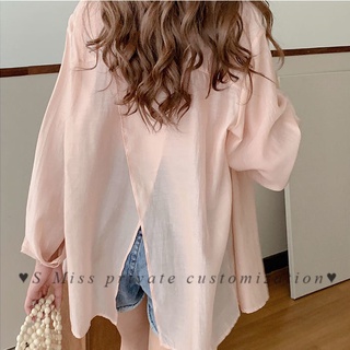 ♥S Miss♥【pre-sale】back slit long-sleeved shirt women loose solid color outer wear sun protection clothing summer new wom