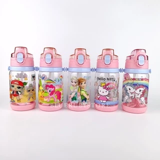 กระติกน้ำหลอดเด้ง 400ml. ขวดน้ำลายการ์ตูน มีสายสะพาย BPA Free | Bluerubystore