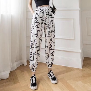 no 1 shop แฟชั่นกางเกงขายาว9ส่วนเอวสูงใส่แล้วขาดูเรียวยาวเก็บพุงขาทรงกระบอกลายตัวหนังสือส่วยๆ รุ่น308