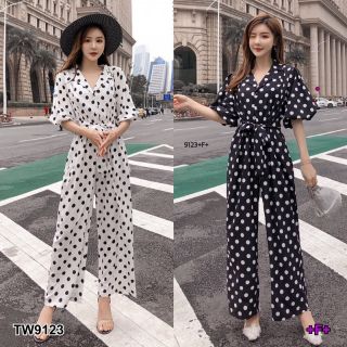 TW9123  Jumpsuit จั้มสูทแขนบอลลูน ขายาวผ้าไหมอิตาลี่