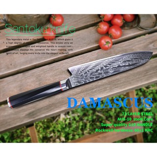 มีดเชฟญี่ปุ่น Santoku Japanese Chef knife ดามัสกัสแท้ ใบมีด AUS-10 Steel ตีทบ 73 ชั้น ด้ามจับ G10 ทรงแปดเหลี่ยม ถนัดมือ