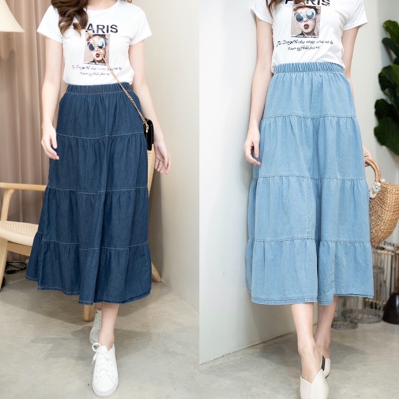 st.f_shop กระโปรงยีนส์ยาว ชั้นๆ จะใส่แมชกับอะไรก็สวย แพนเทิ้ลเป๊ะมาก อ้วนผอม ใส่ได้หมดเลยค่ะกระโปรง4ชั้น