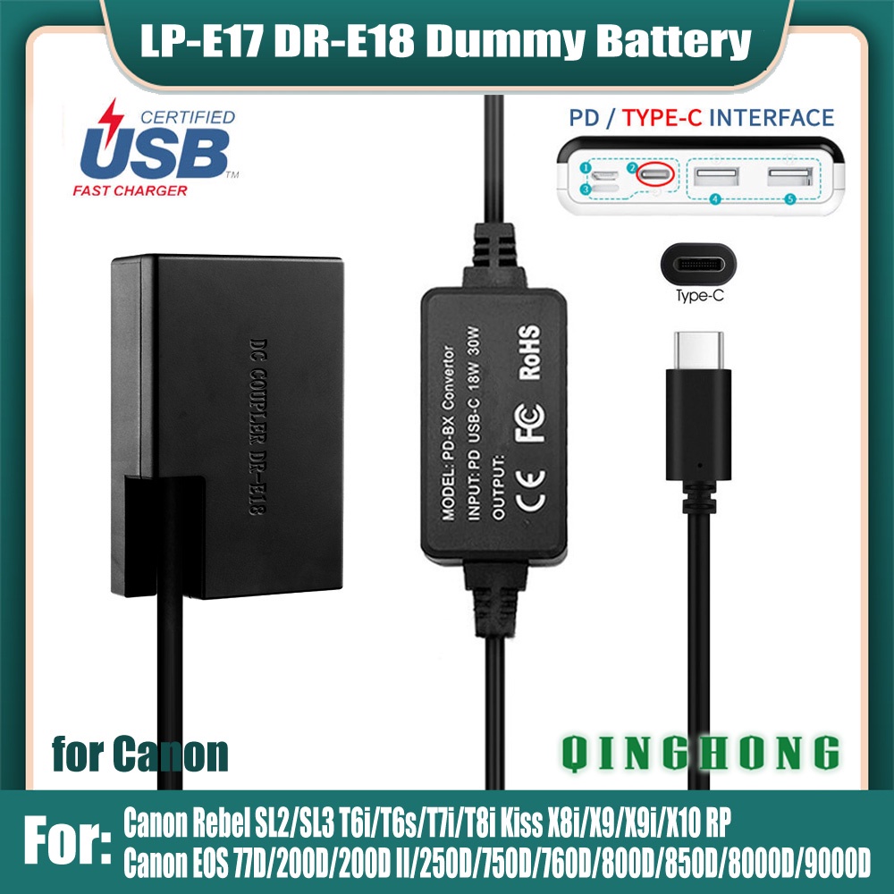 LP-E17 Dummy แบตเตอรี่ DR-E18 DC Coupler & Power Bank USB Type-C PD สําหรับ Canon EOS 200D II Rebel 