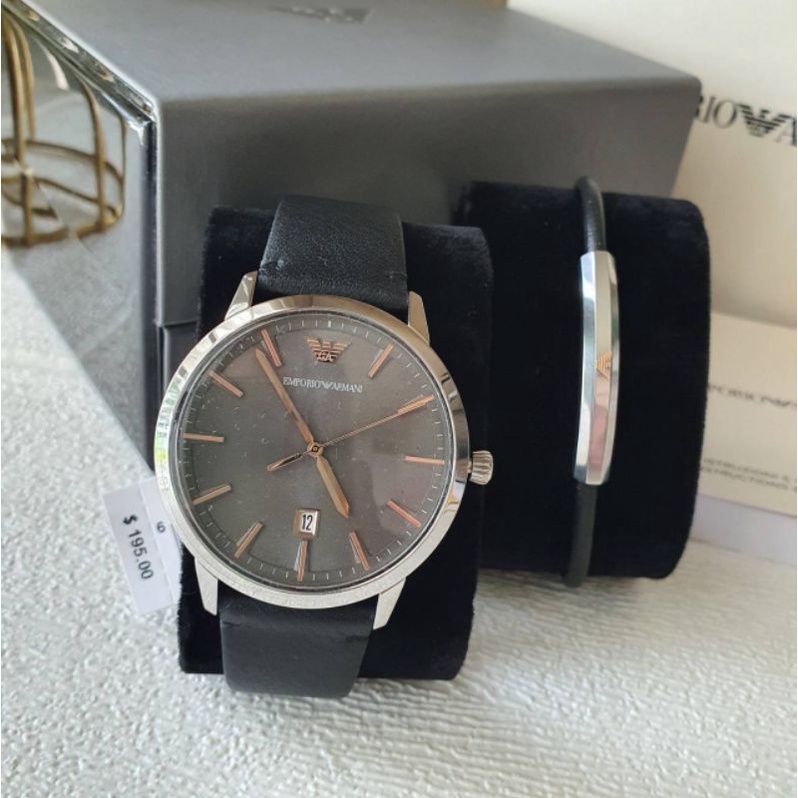🎀 (สด-ผ่อน) นาฬิกา 43 มิล + ข้อมือหนัง EMPORIO ARMANI AR80026 Emporio Armani Men's Three-Hand Date Black Leather Watch
