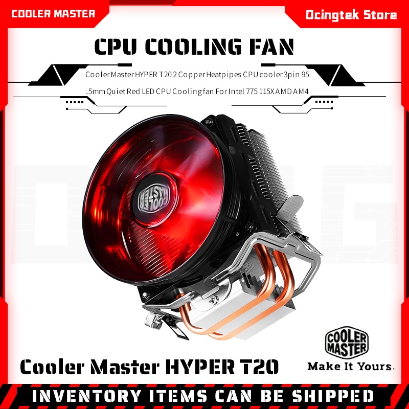 Cooler Master T20 2 Heat pipe CPU Cooler 95.5mm Quiet CPU Cooling 3PIN Red LED Fan RR-T2V1-20FK For Intel 775 115X AMD AM4