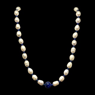 สร้อยคอ มุก ประดับด้วย หินลาพิสลาซูลี่ Lapis Lazuli &amp; Pearl Beads Necklace Handmade Gemstone Jewelry