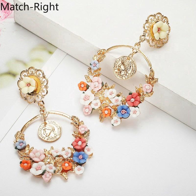 ต่างหูแบบติดหูแฟชั่น ต่างหูดอกไม้สีลูกอมหวาน Statement Earrings Rhinestone Flower Sweet Drop Earrings