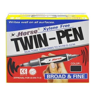 ตราม้า ปากกาเคมี 2 หัว สีดำ x 12 ด้าม/Horse Twin Permanent Marker Pen Black x 12 Pcs