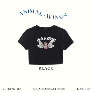 เสื้อยืด CROP TOP - เสื้อครอปสี Black สกรีนลาย Cat Wings