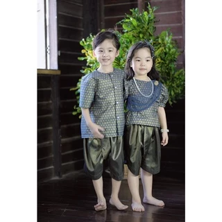 ชุดไทยเด็กชาย ผ้าค้อตต้อนสีกรมท่า โจงสีเขียว