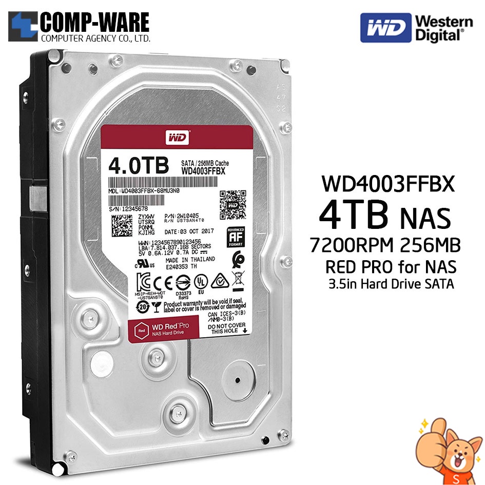 WD Red PRO 4TB NAS Hard Disk Drive - 7200RPM SATA 6Gb/s 128MB Cache 3.5Inch - WD4003FFBX รับประกัน 5 ปี
