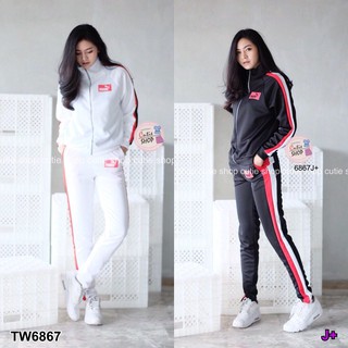 (6867) Set sport  เสื้อแจ็คเก็ตตัดเย็บแถบที่แขนซิปหน้า กับกางเกงขายาวจั้มปลายขา