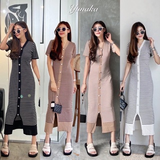 Yunaka เดรส เดรสยาว คอวี แขนสั้น อก 46 Striped Knit Dress เอว 46 ผ้าไหมพรม เดรสไหมพรม