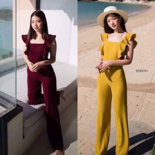 Jumpsuit จุดจั้มสูทสายเดี่ยวระบาย งานผ้าซาร่าสีพื้น เรียบเก๋ ทรงขากระบอกกว้าง