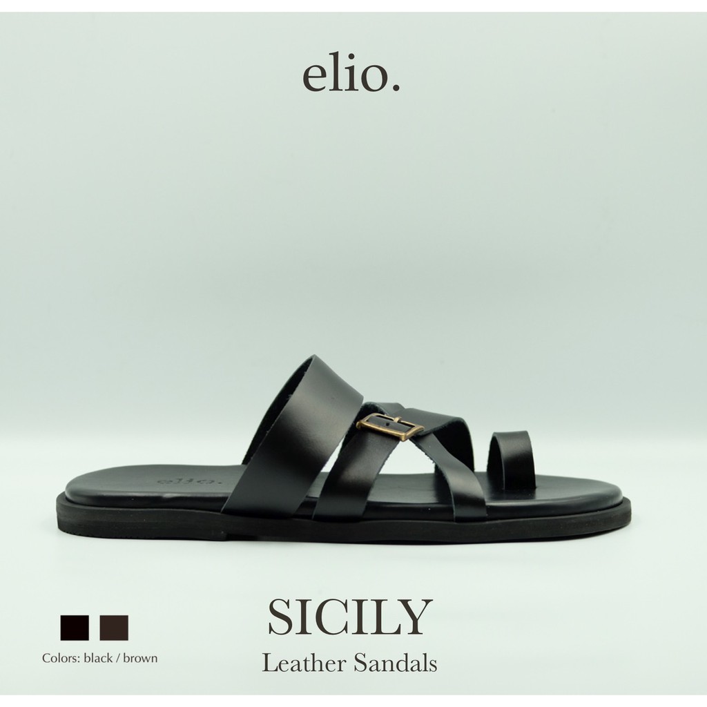 elio originals - รองเท้าแตะหนังแท้ รุ่น Sicily (unisex) สีดำ Black