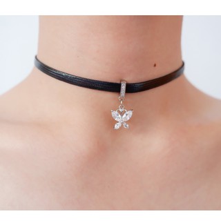 Butterfly Choker สร้อยโชคเกอร์สายหนังสีดำ จี้ผีเสื้อ Crystal Choker Black Faux Leather