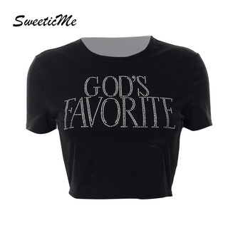 Sweeticme ใหม่ เสื้อยืดคอกลม แขนสั้น พิมพ์ลายตัวอักษร แบบสวมหัว โชว์สะดือ สําหรับผู้หญิง 2022