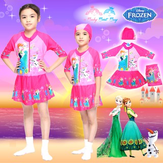 ชุดว่ายน้ำ Disney Frozen กระโปรงซิบหน้าเสื้อแขนยาว สกรีนลายเจ้าหญิงอันนา เอลซ่า มาพร้อมหมวกว่ายน้ำและถุงผ้า ลิขสิทธิ์แท้