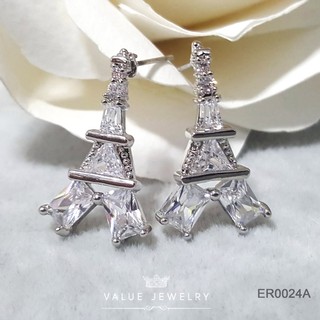 ต่างหูแป้น ประดับคริสตัล เพชรทรงปริ้นเซส Princess Shape ลาย หอไอเฟล Eiffel tower ขนาดกลาง ตุ้มหู เครื่องประดับ ER0024 Value Jewelry