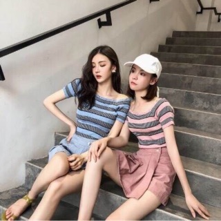 💘striped off-shoulder korean top🍬เสื้อแขนสั้นลายริ้ว สไตล์เกาหลี ราคาถูก