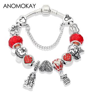 Anomokay ขายดี สร้อยข้อมือ ลูกปัดคริสตัล สีแดง ปราสาทมิกกี้ มินนี่ สไตล์โบราณ Diy