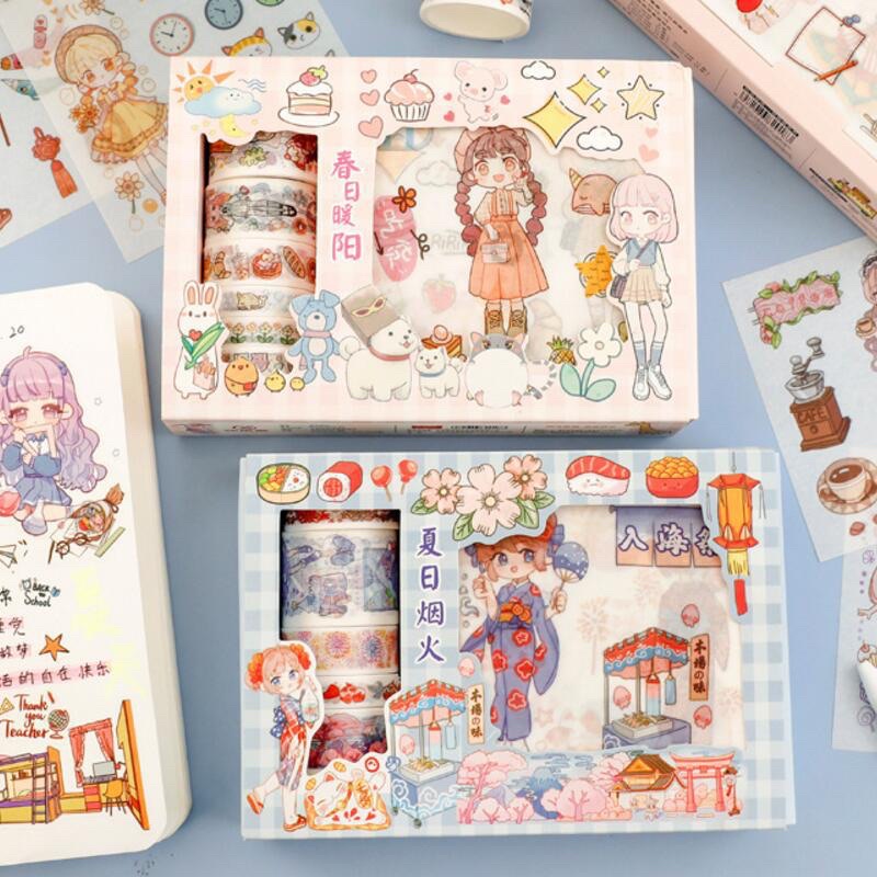 SET สติกเกอร์ เทปตกแต่ง การ์ตูนเด็กผู้หญิงและเค้ก ตกแต่ง DIY ไดอารี่ วาชิเทป สติ๊กเกอร์ (Washi Tape 
