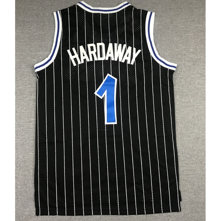 ใหม ่ NBA Men 's Orlando Magic #1 Anfernee Hardaway เสื ้ อบาสเก ็ ตบอลปักย ้ อนยุค jersey แถบสีดํา