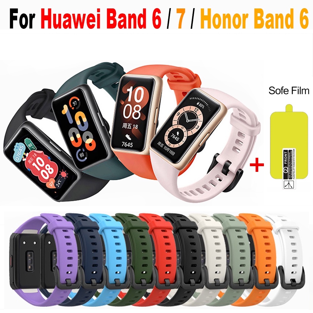 สายนาฬิกาข้อมือซิลิโคน แบบนิ่ม พร้อมฟิล์มหน้าจอ แบบเปลี่ยน สําหรับ Huawei Band 6 7 Honor Band 6 Sport