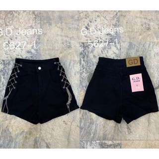 5627-1 G.D Jeans ยีนส์ขาสั้นผ้ายืด(เอวสูง)สีดำ ต่อตาไก่ข้างแบบเก๋ๆ