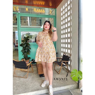 เสื้อผ้าสาวอวบ เดรสแขนตุ๊กตา กระโปรงบาน ผูกเชือก เว้าพองาม สม็อคหลัง เอว สพ ฟรี