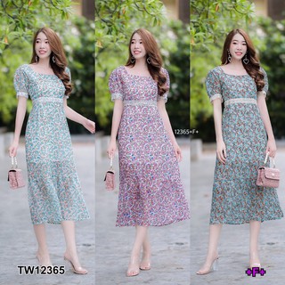 J12365 Dress เดรส ชีฟอง คอเหลี่ยม ลายดอกไม้