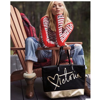 Victorias Secret Heart Script Victoria Tote (Black/Gold)