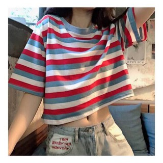 🌈เสื้อยืดลายทาง เอวลอย ทรงหลวมนิดๆ พร้อมส่ง&gt;&gt;#335