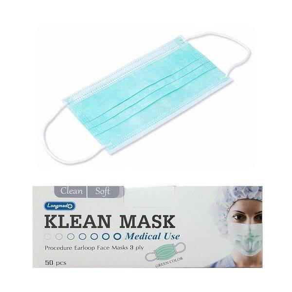 หน้ากากทางการแพทย์ 🩺🩺💊💊 Klean mask  Longmed สีเขียว (แบบกล่อง 50 ชิ้น ชนิดคล้องหู)💊💊🩺🩺