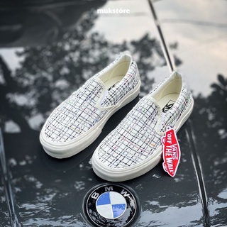 VANS รองเท้าสลิปออน ลายสก๊อต แบบสาน Marshmallow ของแท้ สําหรับรถตู้