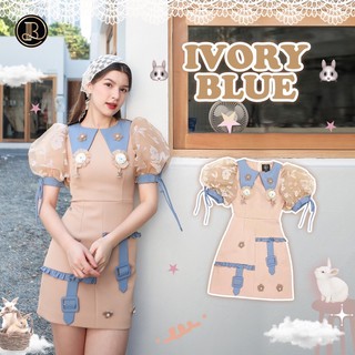 พร้อมส่ง 🌼🌾 BLT Size L 🤎💕 Ivory Blue เดรสสีเบจ แต่งคอปกสีฟ้า อะไหล่ดอกไม้ น่ารักลงตัวสุดๆ