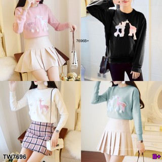 TwinsShopVip💗พร้อมส่ง TW7696 เสื้อแขนยาว ปักกวางแต่งด้วยมุกและพู่