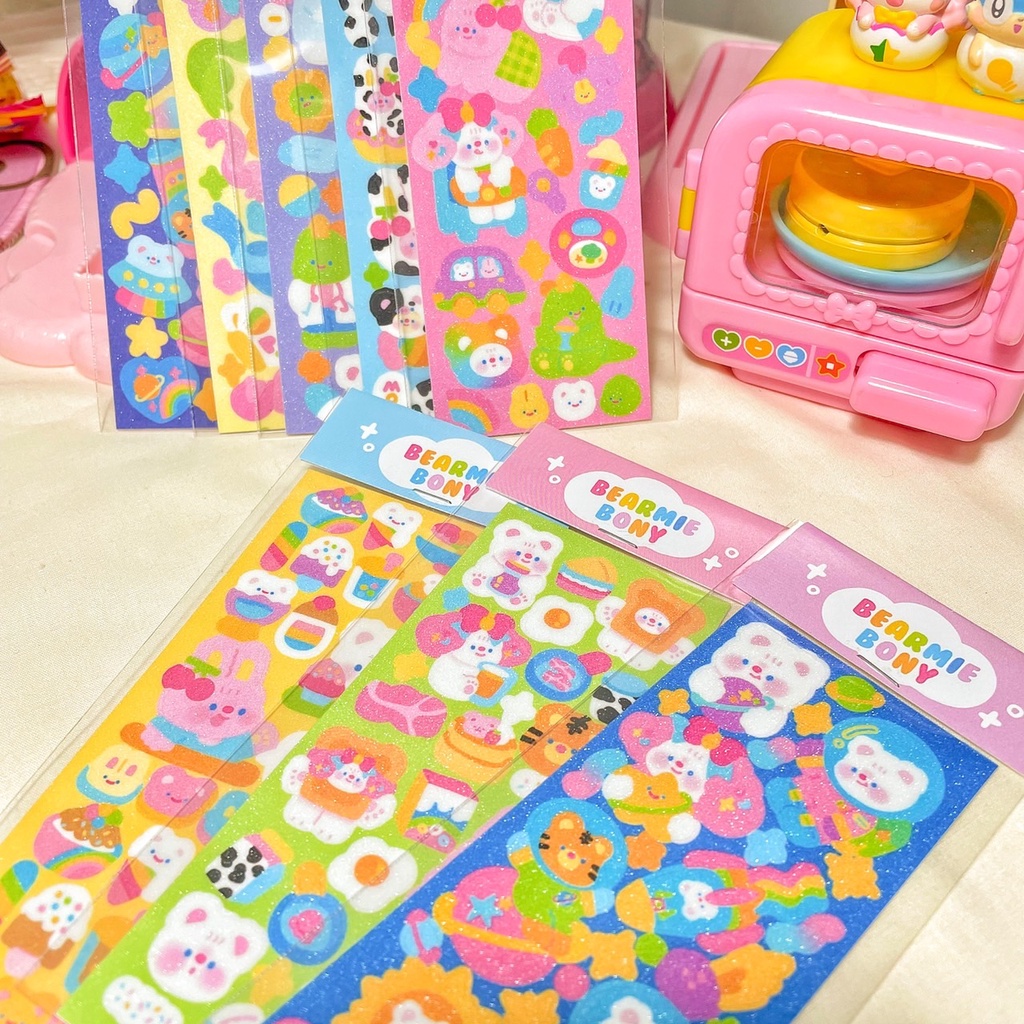 GLITTER STICKER สติกเกอร์คอลใหม่ เคลือบกลิตเตอร์ ม้อบแม้บ x 100