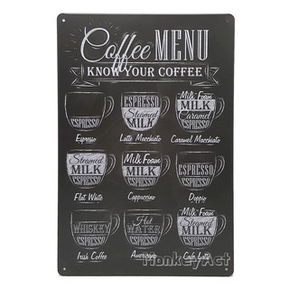 ป้ายสังกะสีวินเทจ Coffee Menu Know Your Coffee