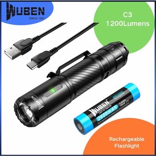 Wuben C3 ไฟฉาย LED Type-C แบบชาร์จไฟ 1200LM พร้อมแบตเตอรี่ กันน้ํา สําหรับตั้งแคมป์