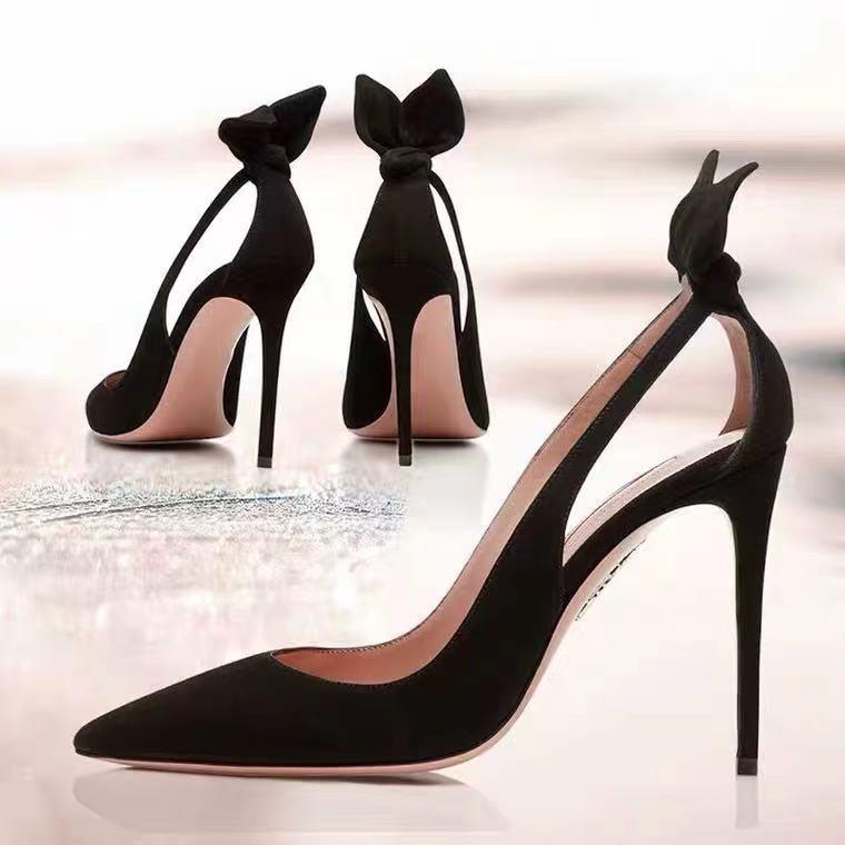 35-41 เวอร์ชั่นเกาหลีโบว์สีดำเซ็กซี่แหลม 6cm/8cm/10cm รองเท้าส้นสูง รองเท้าแตะแฟชั่นส้นเข็ม